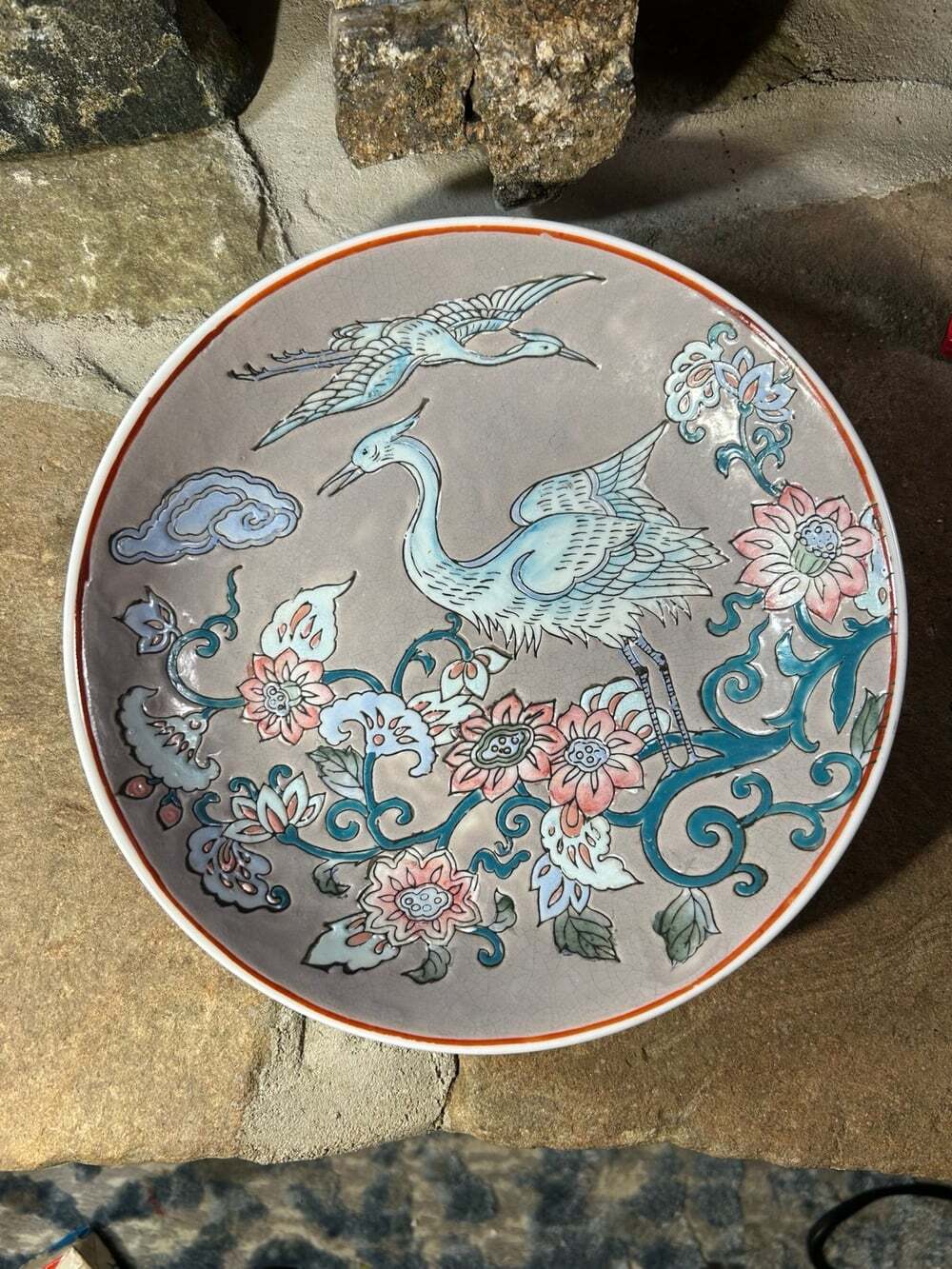 Vintage Chinese White Cranes and Floral Motif decorative plate 8”